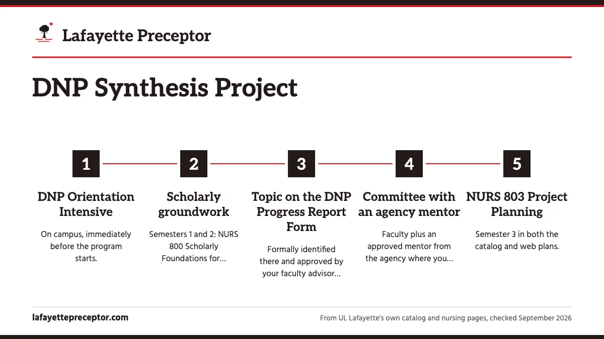 Numbered steps. The project path at a glance: 1 DNP Orientation Intensive; 2 Scholarly groundwork; 3 Topic on the DNP Progress Report Form; 4 Committee with an agency mentor; 5 NURS 803 Project Planning.