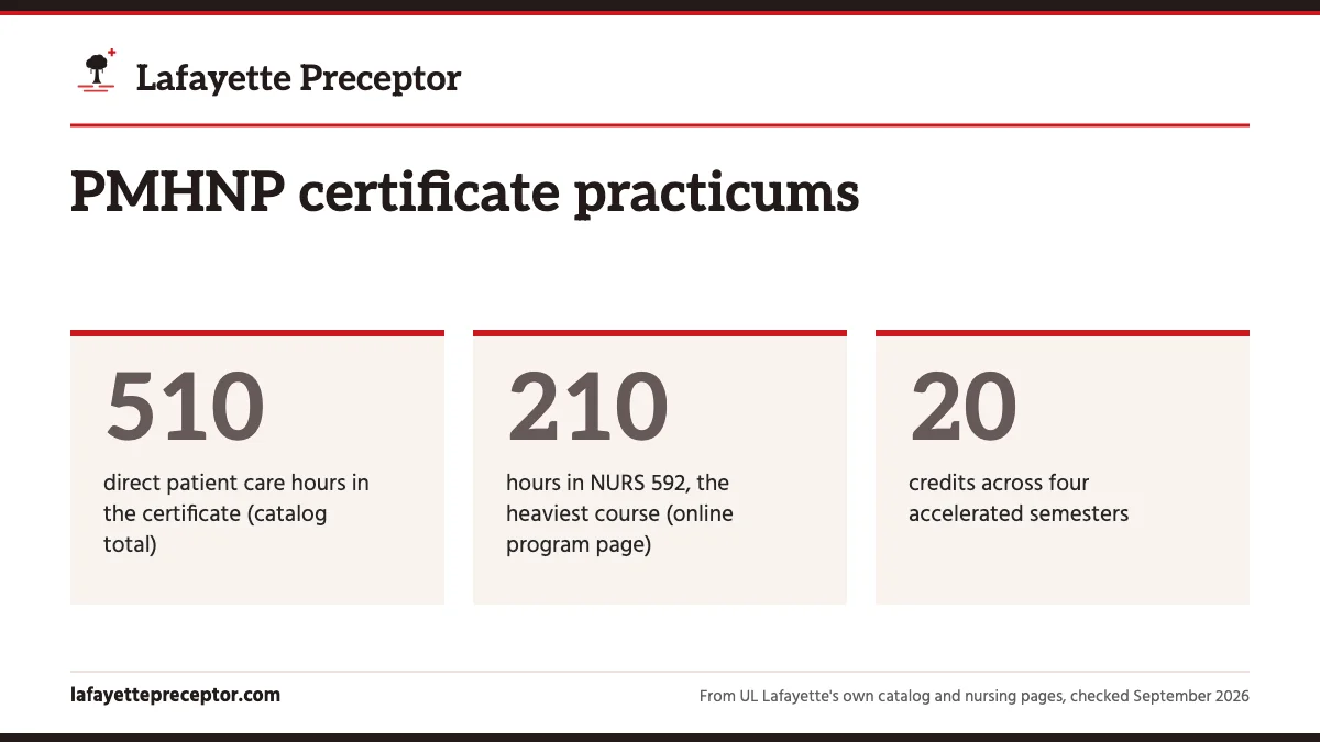 PMHNP certificate practicums. 510: direct patient care hours in the certificate (catalog total); 210: hours in NURS 592, the heaviest course (online program page); 20: credits across four accelerated semesters.